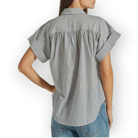 Joie Naro Striped Cotton Short Sleeve Oversize Button Up Coastal Nautical Small - Picture 2 of 16